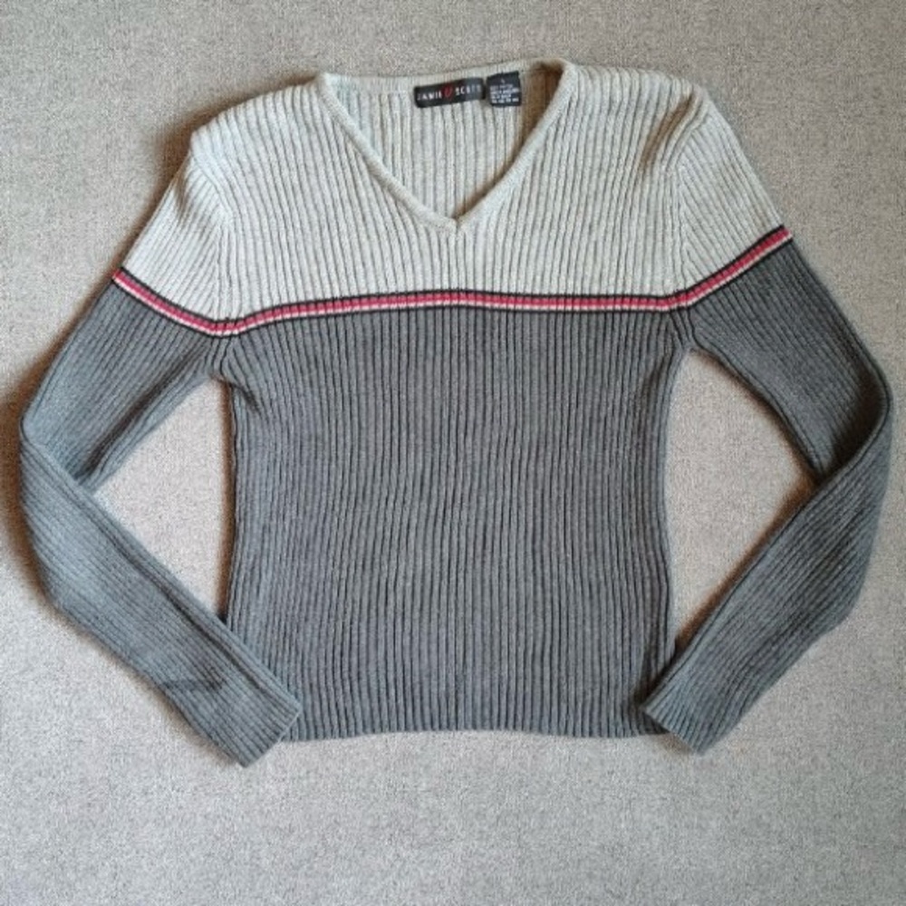 Y2K Jamie Scott Vneck Pullover Sweater Womens L Striped Gray Red Ribbed Fitted